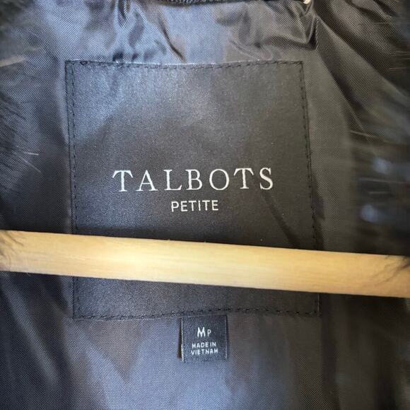 Talbots Faux Fur Collar Down Puffer Vest Size M Petite Plaid Tweed Black White - Picture 9 of 13